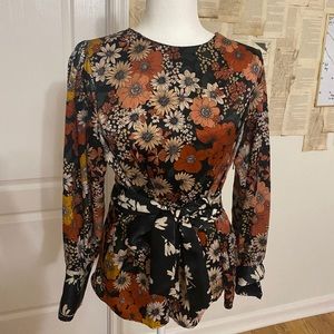Zara Basic Neutral Floral Top with Waist Tie